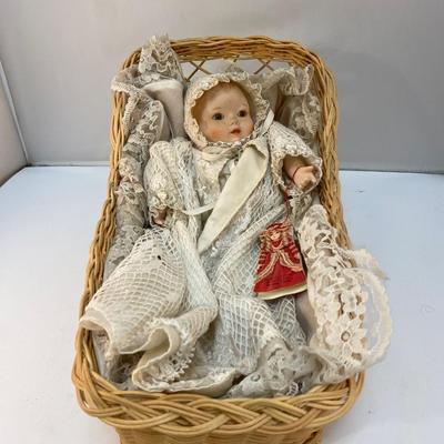 Vintage Bradley's Porcelain Collection Bisque & Soft Body Baby Doll with Bassinet Basket