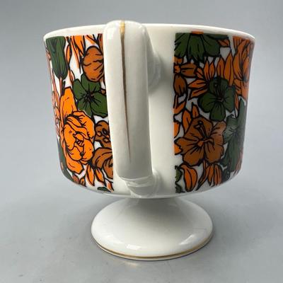 Vintage Made in Japan Orange & Green Floral Pedestal Coffee Cup Mug