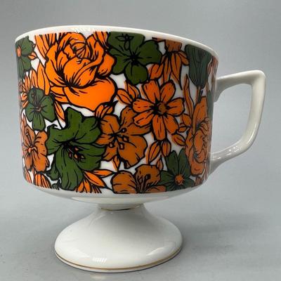 Vintage Made in Japan Orange & Green Floral Pedestal Coffee Cup Mug
