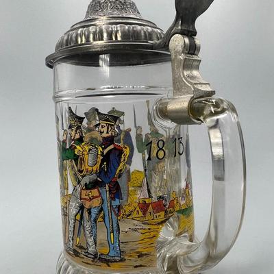 Vintage Clear Glass Lidded Beer Stein with 1813 German Campaign Soldiers Talking