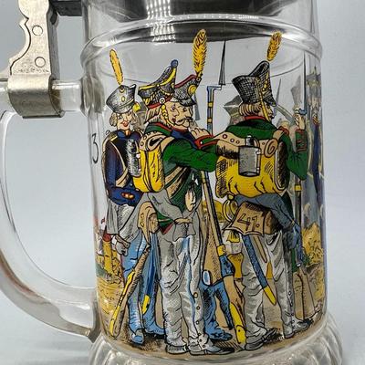 Vintage Clear Glass Lidded Beer Stein with 1813 German Campaign Soldiers Talking
