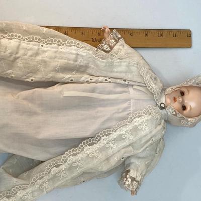 Vintage Porcelain Bisque Soft Body Baby Doll In White Gown