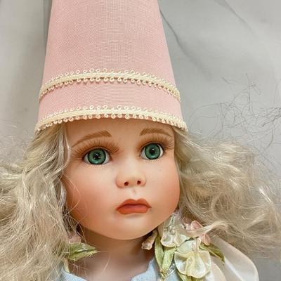 Vintage Porcelain Princess Rapunzel Bisque Soft Body Doll with Stand