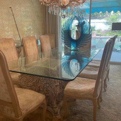 Custom Glass-Top Dining Table with 10 chairs