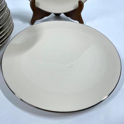 12 China Dinner Plates Ivory with Silver Edge Trim Border Unbranded