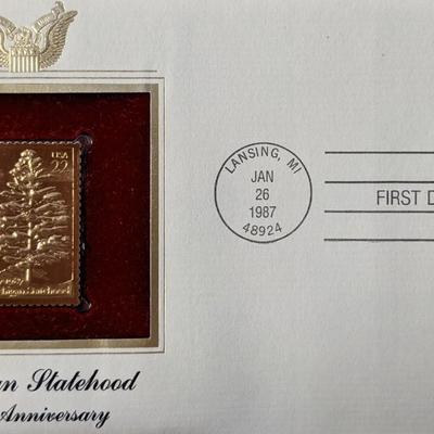 Michigan Statehood 150th Anniversary Gold Stamp Replica First Day Cover