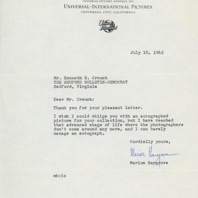 Marion Hargrove signed letter