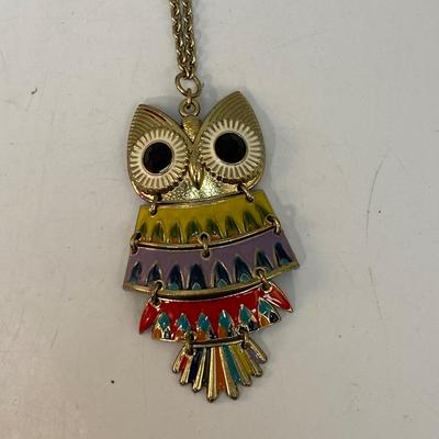 Colorful Enamel Painted Metal Owl Pendant Long Necklace