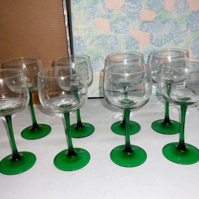 Green Stem Wine Glasses.