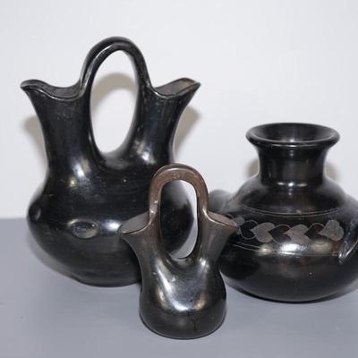 GROUPING OF THREE MEXICAN BLACK CLAY POTTERY VASES TO INCLUDE WEDDING VASEs