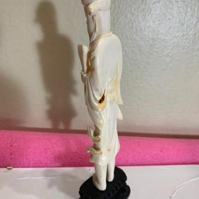 Antique Carved Bone Asian Figurine on a Wooden Base