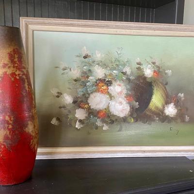 Pretty Mid Century Painting and Tall Vase