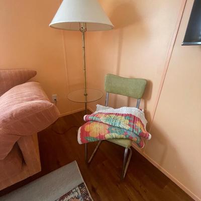 Vintage lamp table, chair and rag rugs