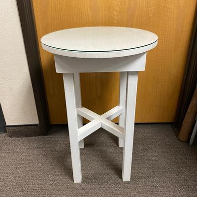 Small White Hand Made Round Side End Table with Glass Topper