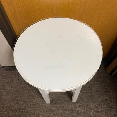 Small White Hand Made Round Side End Table with Glass Topper