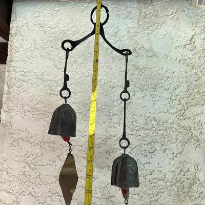Pair of Abstract Brutalist Cast Metal Hanging Bell Wind Chimes
