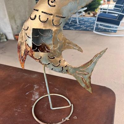 Weathered Metal Fish Candle Holder Garden Yard Art