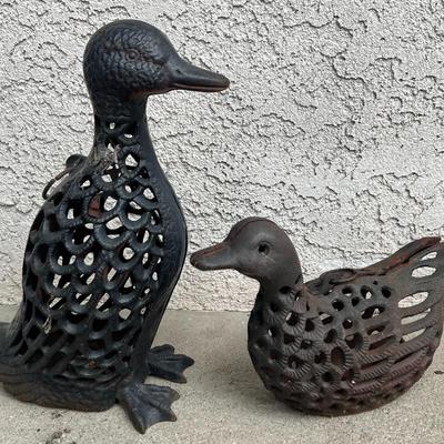 Pair of Open Work Cast Metal Ducks Geese Birds Garden Art Patio Decor Candle Holder Luminaire