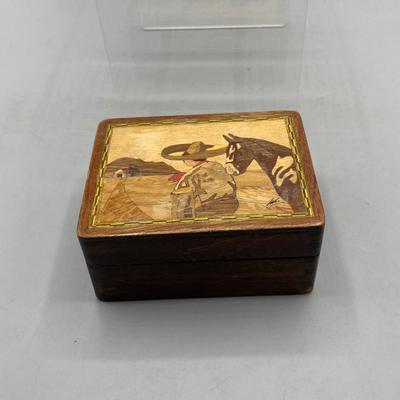 Vintage Small Wood Hinged Lid Trinket Box Man Wearing Sombrero with Horse on Lid