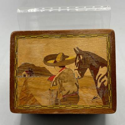 Vintage Small Wood Hinged Lid Trinket Box Man Wearing Sombrero with Horse on Lid