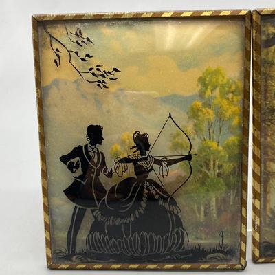 Pair of Antique Bubble Glass Reverse Painted Silhouette Victorian Romantic Couple Archery Hanging Art