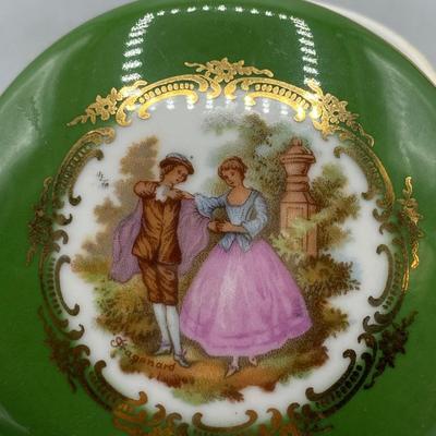 Vintage Green Limoges Lidded Trinket Dish with Victorian Couple Romantic Scene on Top