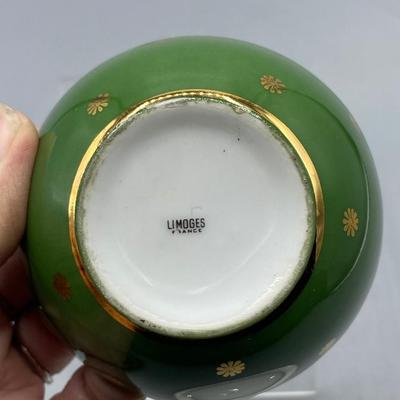 Vintage Green Limoges Lidded Trinket Dish with Victorian Couple Romantic Scene on Top