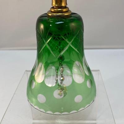 Vintage Green Cut to Clear Bohemia Style Glass Bell with Brass Tone Metal Top