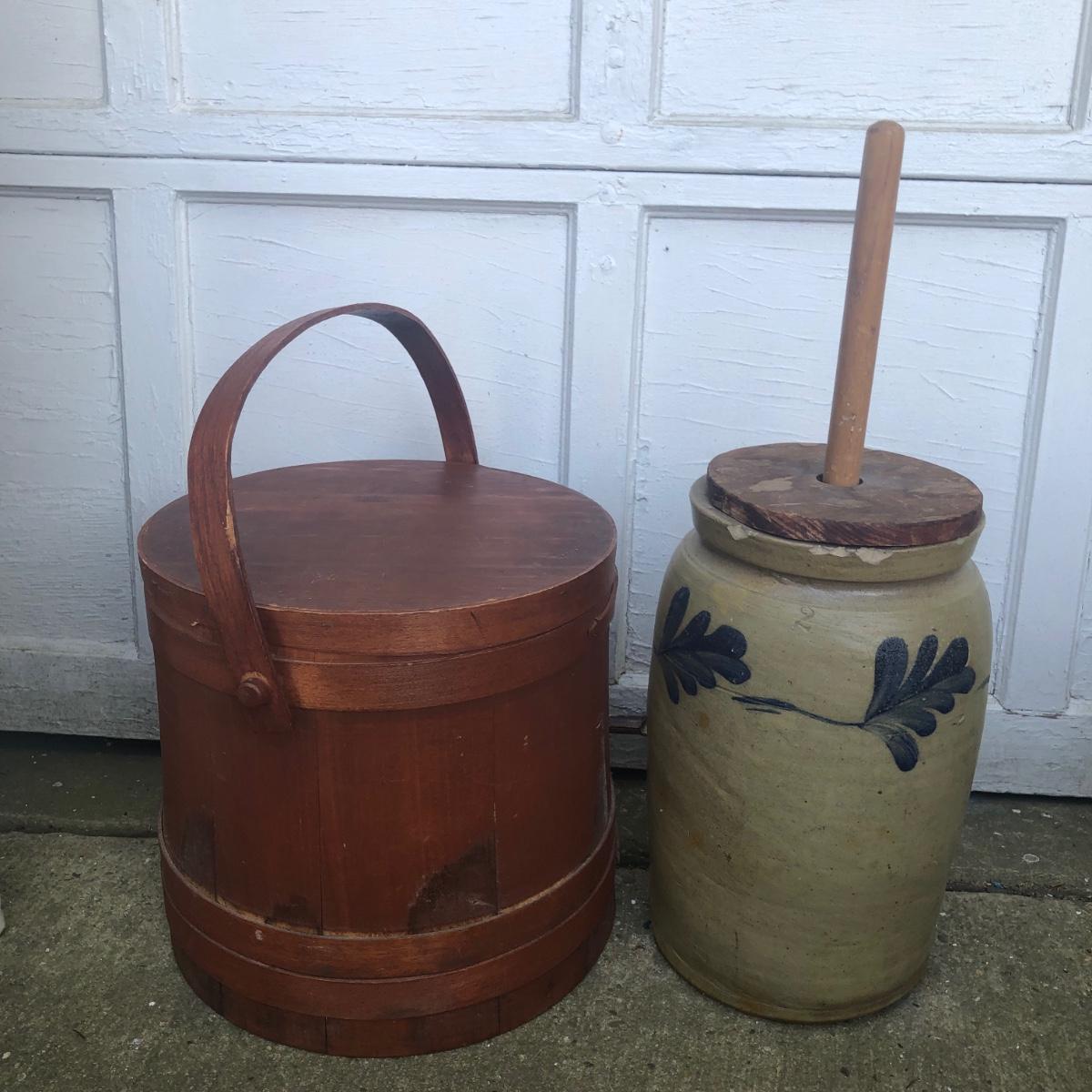 LOT 244M Cobalt Embellished Stoneware Butter Crock & Antique Wooden Firkin Sugar Bucket
