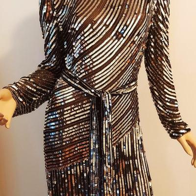 Vtg Judith Ann Creations Silver Payette Layering Midi dress W/Belt