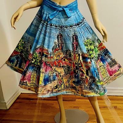 HOLA MEXICO Vtg 1950s Hand Painted sweep Mexican Wrao Skirt Embroidered Sequins
