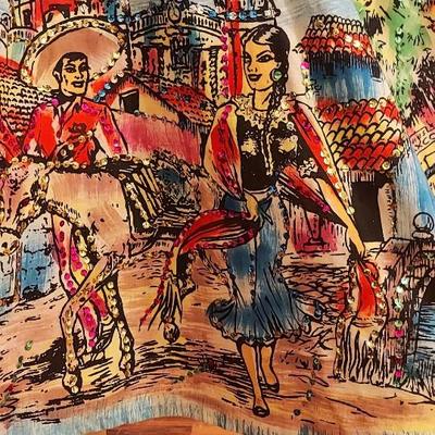 HOLA MEXICO Vtg 1950s Hand Painted sweep Mexican Wrao Skirt Embroidered Sequins
