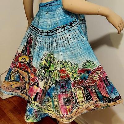 HOLA MEXICO Vtg 1950s Hand Painted sweep Mexican Wrao Skirt Embroidered Sequins