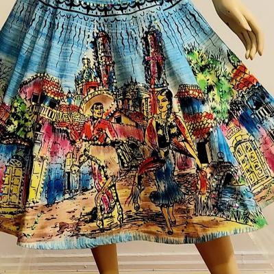 HOLA MEXICO Vtg 1950s Hand Painted sweep Mexican Wrao Skirt Embroidered Sequins