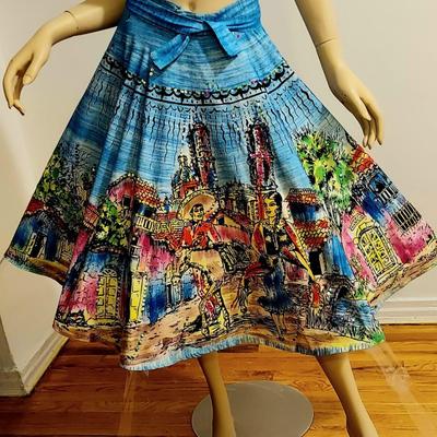HOLA MEXICO Vtg 1950s Hand Painted sweep Mexican Wrao Skirt Embroidered Sequins