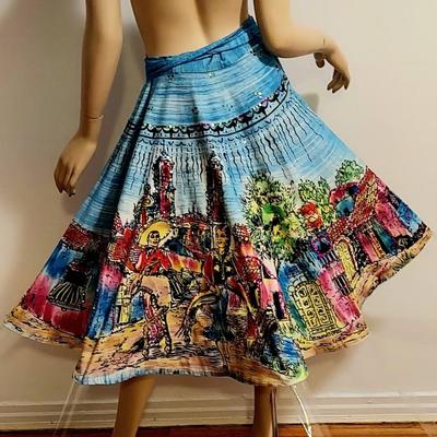 HOLA MEXICO Vtg 1950s Hand Painted sweep Mexican Wrao Skirt Embroidered Sequins