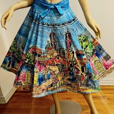 HOLA MEXICO Vtg 1950s Hand Painted sweep Mexican Wrao Skirt Embroidered Sequins