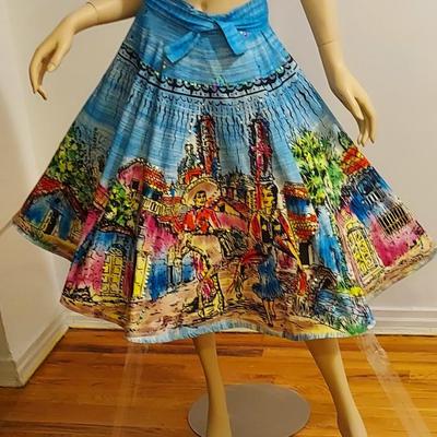 HOLA MEXICO Vtg 1950s Hand Painted sweep Mexican Wrao Skirt Embroidered Sequins