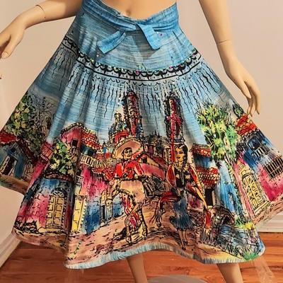 HOLA MEXICO Vtg 1950s Hand Painted sweep Mexican Wrao Skirt Embroidered Sequins