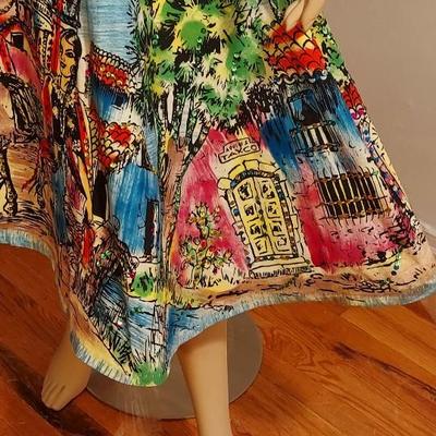 HOLA MEXICO Vtg 1950s Hand Painted sweep Mexican Wrao Skirt Embroidered Sequins
