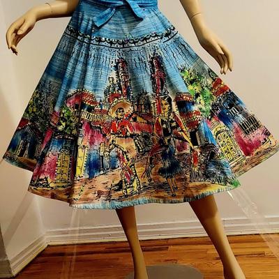 HOLA MEXICO Vtg 1950s Hand Painted sweep Mexican Wrao Skirt Embroidered Sequins