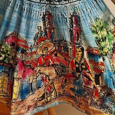 HOLA MEXICO Vtg 1950s Hand Painted sweep Mexican Wrao Skirt Embroidered Sequins