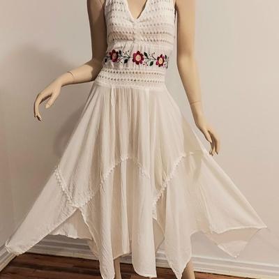 1970's Embroidered Crepe cotton Halter Dress Asymmetrical Hem/Crochet Bodice