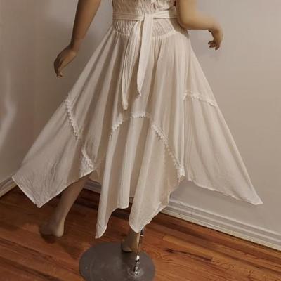 1970's Embroidered Crepe cotton Halter Dress Asymmetrical Hem/Crochet Bodice