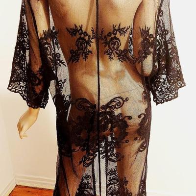 Vtg Black Embroidered Lace on Tulle Layering  Kimono/Coat Dress