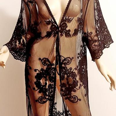 Vtg Black Embroidered Lace on Tulle Layering  Kimono/Coat Dress