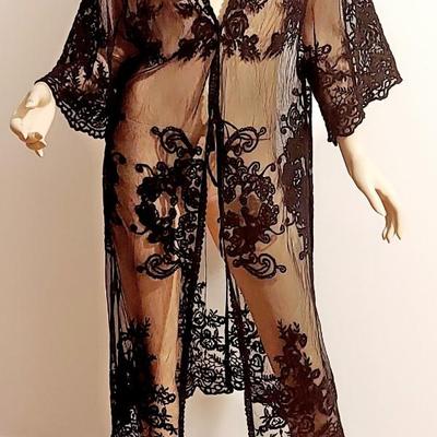 Vtg Black Embroidered Lace on Tulle Layering  Kimono/Coat Dress