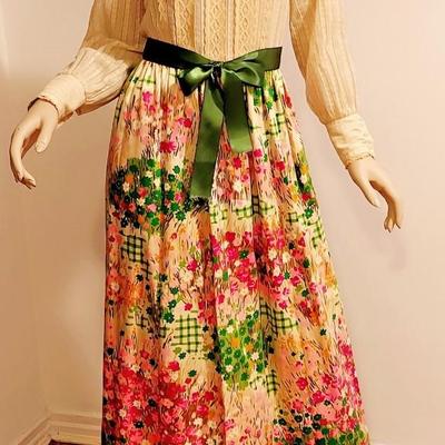 Vtg Prairie Maxi Quilted Dress Nardis Satin Kitten Bow Sash Circa 1960's