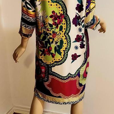 Vtg Silk Cache' Tunic Dress floral hand prunted