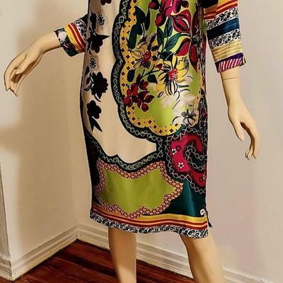 Vtg Silk Cache' Tunic Dress floral hand prunted